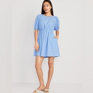 Old Navy Puff-Sleeve Striped Cotton-Poplin Blue Mini Dress Size Large